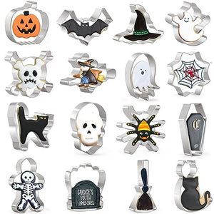 lot 81561 image: Kaishane Halloween Cookie Cutters Set 16 Pieces Halloween Biscuit Cutters Shapes - Ghost, Bat, Pumpkin, Cat, Witch, Spider, Skull, Gingerbread Man, Etc. For Baking Stainless Steel
