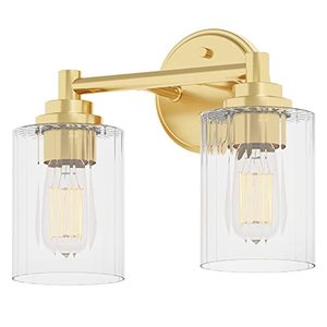 lot 81579 image: Getinlight Inlight 12 Wide 2-Light Gold Bathroom Vanity Light, Clear Ribbed Glass Shade Wall Sconce, Bulb Not Included, In-0444-2-Gd