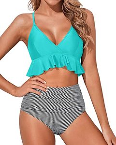 lot 81608 image: Tempt Me Women Mint Green Stripe Two Piece Swimsuits High Waisted Bikini Set Ruffle Flounce Tummy Control Bottoms Bathing Suit L