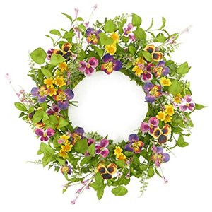 lot 81611 image: Artificial 20 Spring Summer Wreath With Pansy Flower,Yellow Daisy,Rose Leaf,Eucalyptus Leaf,Fern Branch For Front Door Indoor Outdoor Farmhouse Wall Window Festival Wedding Decor,Gift Box Included
