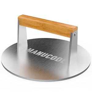 lot 81632 image: Manucode Stainless Steel Grill Press, Heavy-Duty Smash Burger Press With Wooden Handle, 9 Inches Round Steak Weight For Griddle
