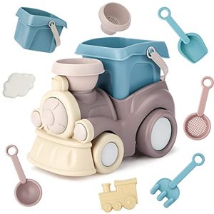 lot 81642 image: Qlt Beach Toys For Toddlers - Kids Sand Toys Include Train Beach Truck, Beach Bucket, Scoop, Trowel, Colander, Rake, Sand Castle Toys - Sandbox Toys With Gift Box