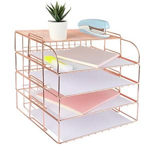 lot 81654 image: Spacrea Letter Tray, 4 Tier Rose Gold Desk Organizers And Accessories For Women, Stackable Paper File Organizer With 1 Upper Display Shelf (Rose Gold)