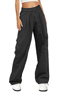 lot 81658 image: Hvepuo Women Black Cargo Pants With Pockets Fall Baggy Wide Leg Pants Y2K Slacks Travel Hiking Trousers High Waist Parachute Pants For Women Black L