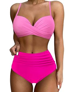 lot 81674 image: Suuksess Women Twist High Waisted Bikini Push Up Two Piece Swimsuits Sexy Bathing Suits (Pink Color Block, Xl)
