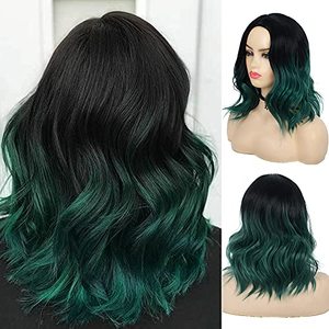 lot 81690 image: Baruisi WomenS Green Black Wig Medium Curly Wavy Synthetic Middle Part Halloween Party Cosplay Hair Wig With Wig Cap