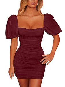 lot 81719 image: Cysincos Square Neck Dress For Womens Long Lantern Sleeve Mesh Ruched Party Clubwear Cocktail Bodycon Mini Dresses Wine Red Xl