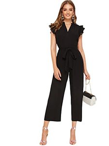 lot 81755 image: Wdirara WomenS Layered Ruffle Cap Sleeve Notched V Neck Belted Jumpsuit Pants Black M