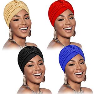 lot 81759 image: 4 Pieces Stretch Polyester Turbans Head Beanie Cover Twisted Hat For Women Girl (Black, Sapphire Blue, Khaki, Wine Red)