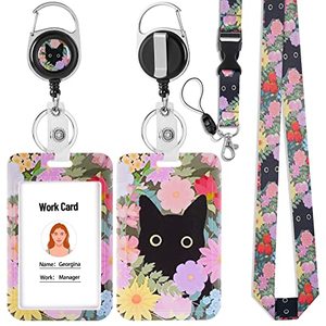 lot 81761 image: Cute Id Badge Holder With Lanyard And Retractable Badge Reel Clip For Teacher Nurse Student Women Men, Detachable Lanyard For Cruise Ship Cards, Sturdy Keychain For Key, Wallet (Cat Flower)