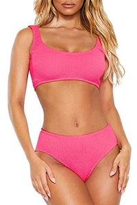 lot 81784 image: Womens Swimsuits Two Piece Sports Bathing Suits Crop Tops Ribbed Bikini Sets Swimwear Bottoms Hot Pink