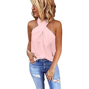 lot 81821 image: Langwyqu WomenS Summer Fashion Blouse Off Shoulder Cross Neckline Sleeveless Shirt Tops Pink