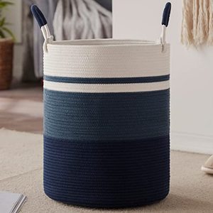 lot 82204 image: Sixdove Laundry Hamper, Large Woven Rope Laundry Basket With Handles, Decorative Storage Basket For Clothes And Toys In Living Room, Bedroom, 15 X 20, Navy Blue & White