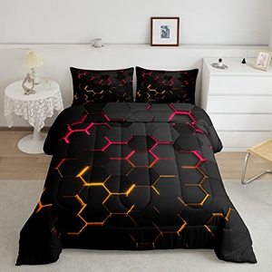 lot 82209 image: Manfei Honeycomb Comforter Set Full Size Geometric Hexagon Bedding Set 3Pcs For Kids Boys Teens Room Decor Yellow Red Neon Lights Duvet Insert Modern Fashion Luxury Down Comforter With 2 Pillowcases