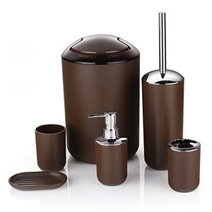 lot 82224 image: Bathroom Accessories Set 6 Piece - Trash Can, Toothbrush Holder, Toothbrush Cup, Soap Dispenser, Soap Dish, Toilet Brush Holder - Modern Bathroom Decor Set (Brown)