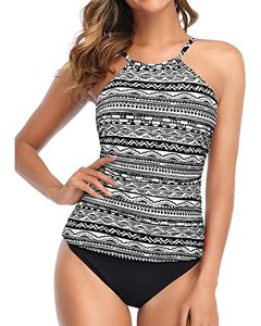 lot 82249 image: Tempt Me Women Black White Geometric Two Piece High Neck Tankini Swimsuit Tummy Control Top With Bottom Bathing Suits M