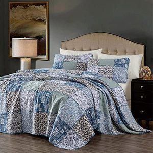 lot 82255 image: Quilts Queen Size, 100% Washed Cotton With Real Patchwork Stitching Queen Quilt Bedding Set, All Season Patchwork Bedding Set , Vintage Farmhouse Blue Reversible Floral Bedspreads Set, 90X96�2 Shams