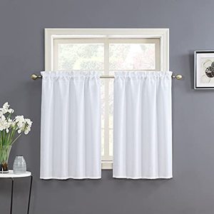 lot 82256 image: Home Queen White Water Resistant Bathroom Window Curtain, Waffle Textured Half Tier Curtains For Kitchen Cafe, 36 W X 45 L Inches, Set Of 2