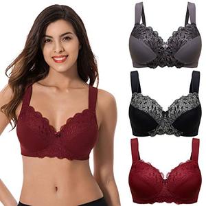 lot 82260 image: Curve Muse Plus Size Unlined Minimizer Wirefree Bras With Embroidery Lace-2 Pack-Burgundy,Black,Grey-36C
