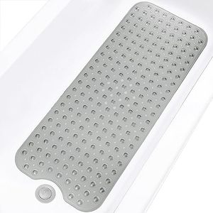 lot 82267 image: Linoows Bathtub And Shower Mats, Extra Long Non-Slip Bath Mat 39 X 16 Inch, Machine Washable Bath Tub Mat With Suction Cups & Drain Holes For Bathroom, Clear Grey