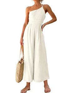 lot 82282 image: Caracilia WomenS Summer Straps One Shoulder Dressy High Waist Casual Wide Leg Jumpsuit Romper With Pockets White C50A2-Mibai-S