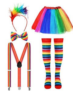 lot 82288 image: 5 Pcs Clown Costume Set Circus Outfit Include Rainbow Tutu Skirt Feathers Headband Socks Suspenders Bowtie For Women (Medium)
