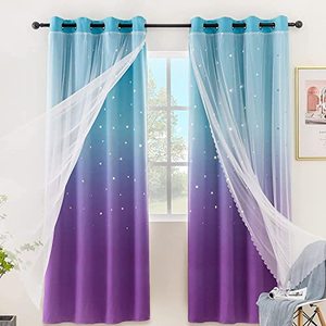 lot 82289 image: Stiio Girls Curtains For Bedroom W52 X L84 Inches 2 Panels, Kids Star Rainbow Colorful Curtains Cutout Room Darkening Blackout Curtains Double Layer Blue Purple Ombre Stripe Curtains For Nursery Room
