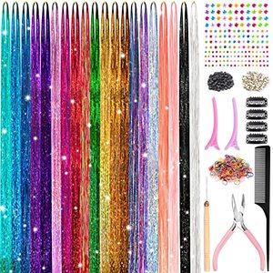 lot 82292 image: Hair Tinsel Kit, 20 Colors 48 Inches, Fairy Hair Tinsel Hair Extensions Heat Resistant With Tools And Rhinestone, Hair Accessories For Women Girls 4000 Strands