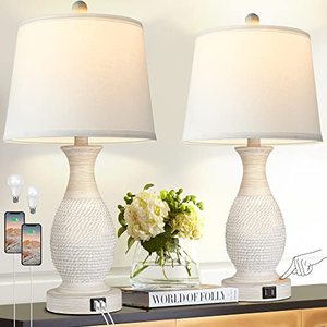 lot 82333 image: Partphoner Set Of 2 Table Lamps With Usb Ports, 26 Tall Farmhouse Living Room Lamp With 3-Way Dimmable Nightstand Lamp White Fabric Shade For Living Room Bedroom Home Office