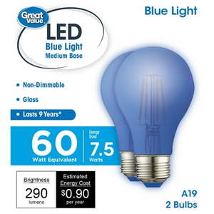 lot 2407 image: Great Value LED Light Bulb 7.5 Watts (60W Equivalent) A19 Lamp E26 Medium Base Non-dimmable Blue 4-Pack