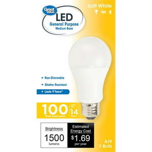 lot 2410 image: Great Value LED Light Bulb 14 Watts (100W Equivalent) A19 General Purpose Lamp E26 Medium Base Non-dimmable Soft White 2-Pack