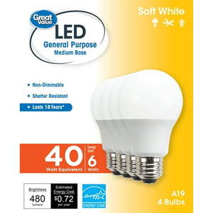 lot 2415 image: Great Value LED Light Bulb 6W (40W Equivalent) A19 General Purpose Lamp E26 Medium Base Non-dimmable Soft White 8-Pack