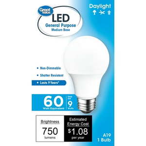 lot 2416 image: Great Value LED Light Bulb 9W (60W Equivalent) A19 General Purpose Lamp E26 Medium Base Non-dimmable Daylight 2-Pack