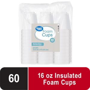 lot 2418 image: Great Value Foam Cups, 16 oz, 60 count