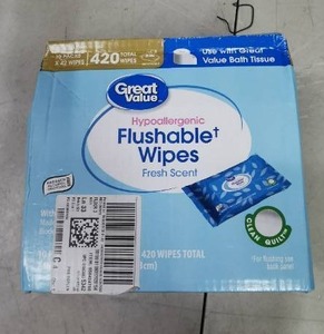 lot 3638 image: Great Value Hypoallergenic Flushable Wipes 10 Packs x 42 Wipes 420 Total