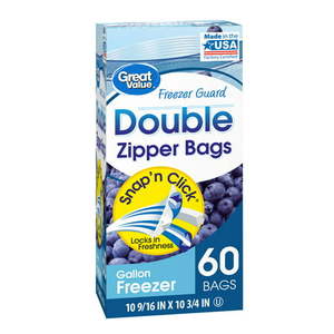 lot 3642 image: Great Value Fresh Seal Double Zipper Freezer Bags, Gallon, 60 Count 2 Pack