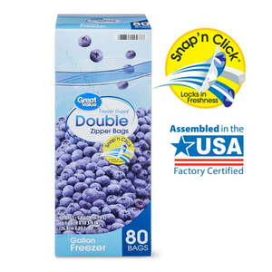 lot 3658 image: Great Value Fresh Seal Double Zipper Gallon Freezer Bags Super Mega Pack, 80 count
