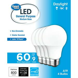 lot 1632 image: 8pk Great Value LED Light Bulb 9W (60W Equivalent) A19 General Purpose Lamp E26 Medium Base Non-dimmable Daylight