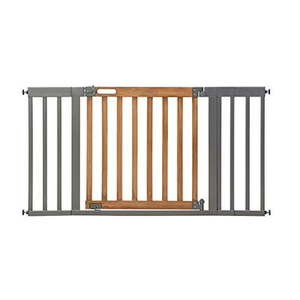 lot 2370 image: Summer West End Safety Baby Gate, Honey Oak Stained Wood with Slate Metal Frame - 30 Tall, Fits Openings up to 36 to 60 Wide, Baby and Pet Gate for Wide Spaces and Open Floor Plans