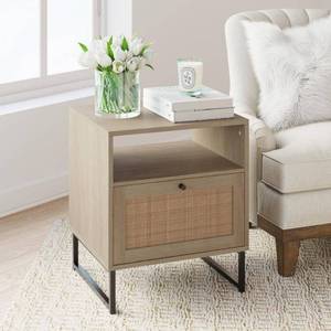 lot 2398 image: 22 Mina Rattan and Wood Nightstand Side Table Light OakMatte Black - Nathan James