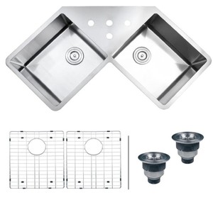 lot 2399 image: Ruvati RVH8400 Undermount Corner Kitchen Sink 16 Gauge 44 Double Bowl, Stainless Steel Retail&nbsp$593.01