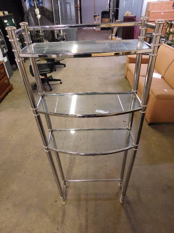 lot 133 image: Metal Framed Glass Shelving Unit