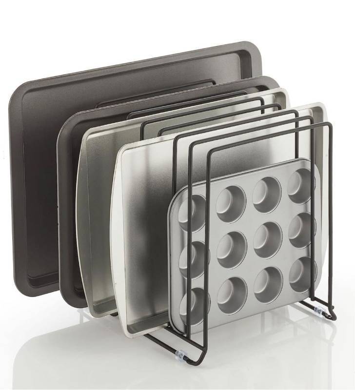 lot 3001 image: mDesign Large Metal Wire Organizer Rack for Kitchen Cabinet, Pantry, Shelves - Holder with 8 Slots for Baking Sheets, Skillets, Frying Pans, Pots, Lids, Cutting Boards, and Appliances - Black