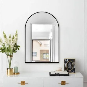 lot 1046 image: Arched Wall Mirror, 30x20 Arched Wall Mounted Mirror with Aluminum Alloy Frame, Black Arched Bathroom Mirror for Decorative Bedroom, Living Room, Entryway, Bathroom