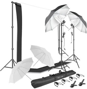 lot 1050 image: HYJ-INC Photography Umbrella Continuous Lighting Kit,Muslin Backdrop Kit(White Black), Backdrop Clips Clamp,10ft Photo Background Photography Stand System for Photo Video Studio Shooting
