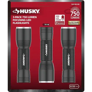 lot 1069 image: Husky 750 Lumens Focusing Aluminum LED Flashlights 3 Modes Impact and Water Resistant with Batteries (3-Pack)