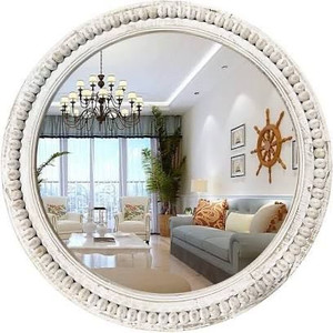 lot 1103 image: dwellington Rustic Round Wall Mirror, 24 Inch Wood Circle Mirror with Beads, Decorative Farmhouse Mirror for Living Room, Bedroom, Kitchen, Entryway (White)