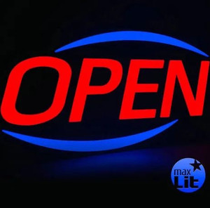 lot 1105 image: MaxLit 32 X 17 New Jumbo ULTRA BRIGHT LED Open Sign �� Remote Controlled �� Dynamic Light Modes �� Enhance Your Business Presence RedBlue - Missing Power Adapter