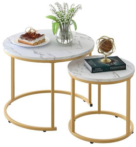 lot 1187 image: Coffee Table Nesting White Set of 2 Side Set Golden Frame Circular and Marble Pattern Wooden Tables, Living Room Bedroom Apartment Modern Industrial Simple Nightstand