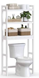 lot 1198 image: SONGMICS Over The Toilet Storage, 3-Tier Bamboo Over Toilet Bathroom Organizer with Adjustable Shelf, Fit Most Toilets, Space-Saving, Easy Assembly, White